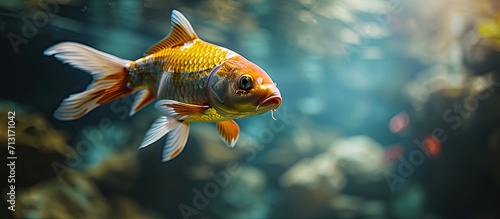 Golden yellow Ogon Koi carp Cyprinus rubrofuscus koi fancy fish swimming in aquarium Ogon is a metallic koi of one color only hikarimono The Japanese name means gold. Copy space image © Ilgun