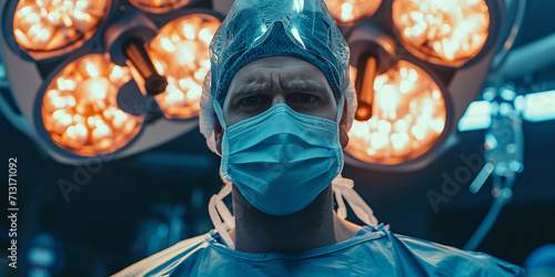 portrait of a surgeon in a mask and cap against the backdrop of burning operating room light photo