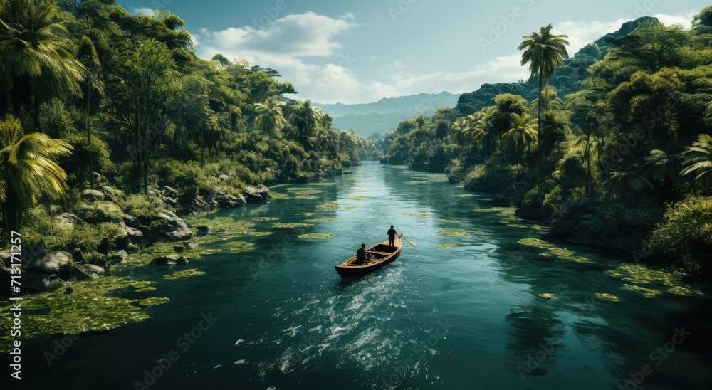 Fototapeta premium A lone adventurer navigates through the tranquil waterways of a lush jungle, surrounded by towering trees and a vast expanse of sky, on a journey to discover the hidden beauty of nature's water resou