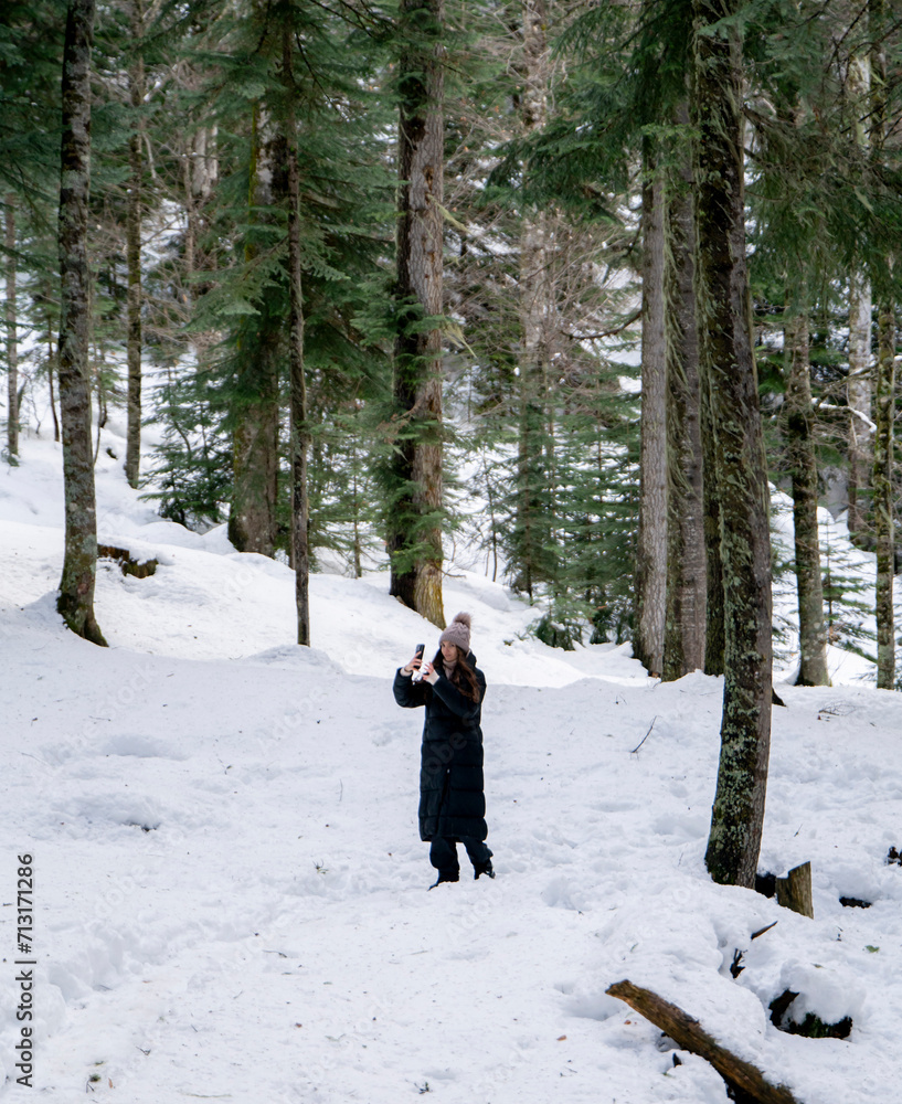 A girl captures a selfie moment amidst a scenic winter backdrop, with snow-clad mountains and trees under a clear sky.