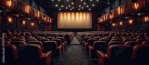 Dark movie theatre interior screen and chairs. Copy space image. Place for adding text photo