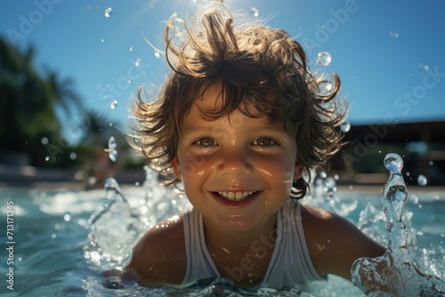 A joyous toddler gleefully splashes in the refreshing pool water, their smiling face radiating pure happiness on a warm summer day © Larisa AI