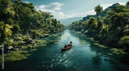 A lone adventurer navigates through the tranquil waterways of a lush jungle, surrounded by towering trees and a vast expanse of sky, on a journey to discover the hidden beauty of nature's water resou