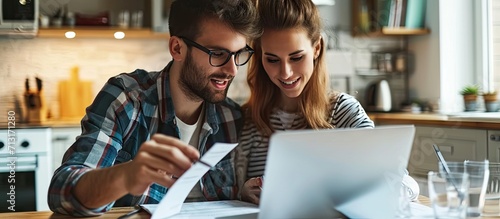 Cheerful young millennial husband and wife doing domestic paperwork accounting job reviewing paper bills receipts at laptop computer using calculator paying mortgage rent fees on internet