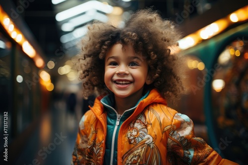 An innocent toddler exudes pure joy as they stand on a busy street, their beaming smile and colorful clothing capturing the essence of youth in this outdoor portrait