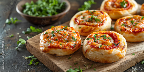 Mini pizza buns on a wooden board. home baked pizza, rolls photo