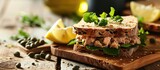 Tuna sandwich capers seed bread lemon juice for freshness little bit of dijon mustard and olive oil. Copy space image. Place for adding text