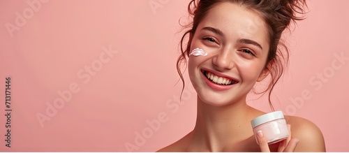 Happy woman face cream and beauty makeup product and sunscreen facial treatment for aesthetic shine Young model face freckles and body lotion cosmetics and healthy skincare wellness and melasma