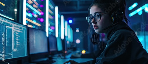 Nonconformist Teenage Hacker Girl Using Computer for Attacking Corporate Servers with malware Room is Dark Neon and Has Many Displays. Copy space image. Place for adding text photo