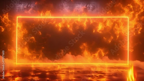 Square frame with fire burning and copy space. A fire frame, a burning window or a burning rectangle on a background with an alpha channel. The looped animation with alpha is prefect for various  photo