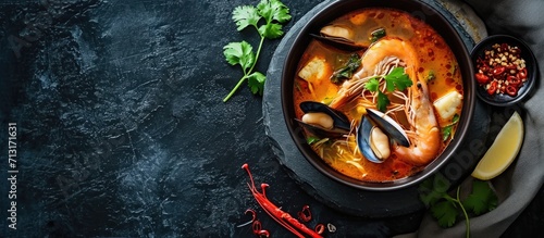 Thai soup in a plate with seafood shrimps scallops mussels on black stone on gray concrete. Copy space image. Place for adding text