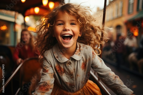 A beaming toddler girl, dressed in bright clothing, swings joyfully on a street-side swing, her young face radiating pure happiness