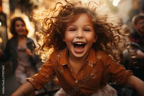A joyful young child, with curly hair and a contagious smile, is dressed in comfortable clothing as they laugh in pure delight, capturing the innocence and happiness of childhood