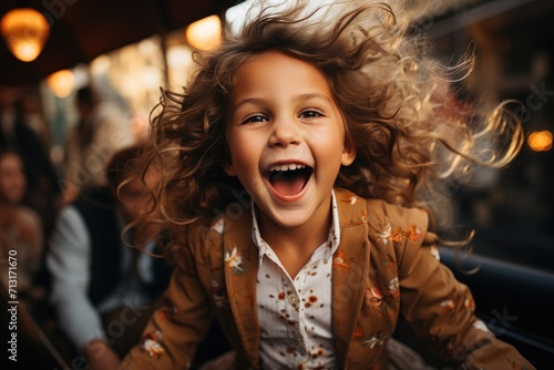 A young girl in a vibrant outfit captures the hearts of onlookers with her joyful smile and giddy laughter, her toothless mouth open in pure innocence photo
