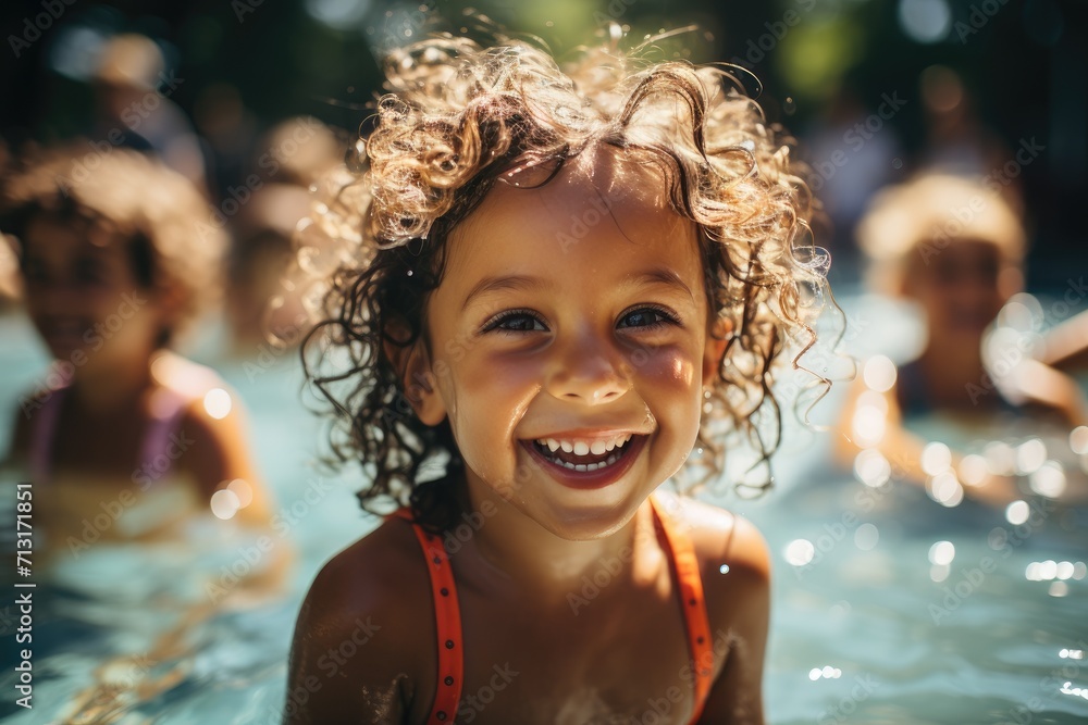 A young girl wearing a bright bathing suit smiles as she splashes around in a pool, enjoying the warm summer sun and the refreshing water
