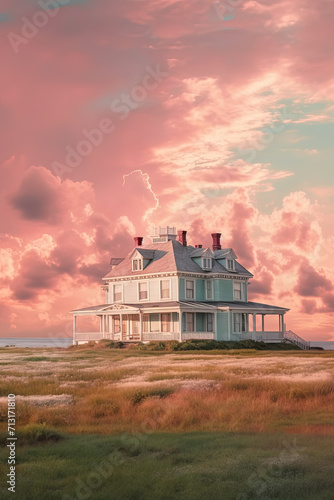 White wooden house under pink clouds. Generative AI
