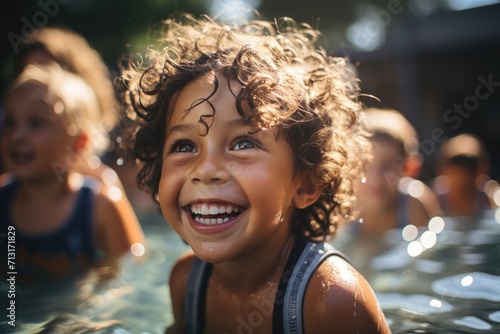 A young girl's joyful smile lights up the outdoor pool as she swims, her human face beaming with pure fun and happiness