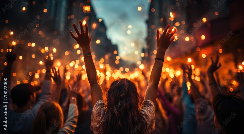 A vibrant crowd of festival-goers raise their hands in unison, illuminated by the glowing flares in the dark night sky