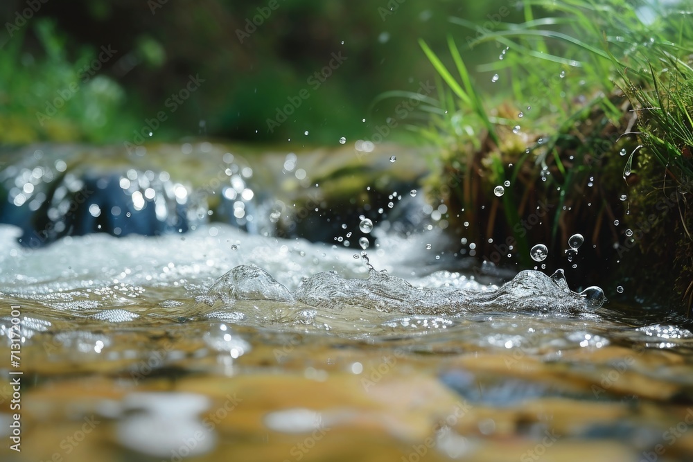 Fototapeta premium close-up view of a small stream or brook flowing over rocks
