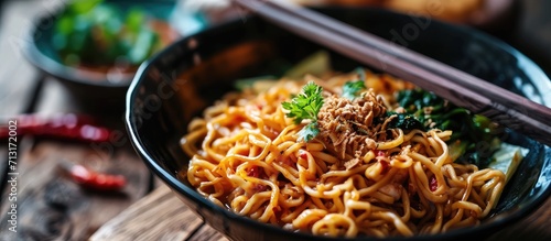 spicy thai noodles with chopsticks shot closeup. Copy space image. Place for adding text