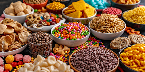 various snacks and sweets on a sweet table with desserts, gummy worms and cereals photo