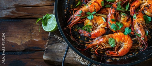 Grilled fresh Spicy Prawns Shrimps with lime and oregano in serving pan. Copy space image. Place for adding text