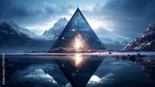 Modern Glass Pyramid Architecture Against Snowy Mountain Backdrop created with Generative AI technology