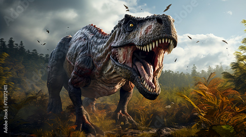 Tyrannosaurus Rex Roaring in the Cretaceous Forest created with Generative AI technology