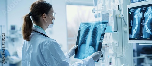 X ray examination Skeleton radiology Woman doctor surgeon holding film scan radiography diagnostic in hospital bone disease treatment. Copy space image. Place for adding text photo