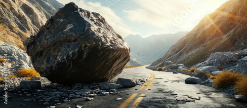 A huge rock fell from the mountains onto the road destroying the asphalt and blocking half of the roadway. Copy space image. Place for adding text photo