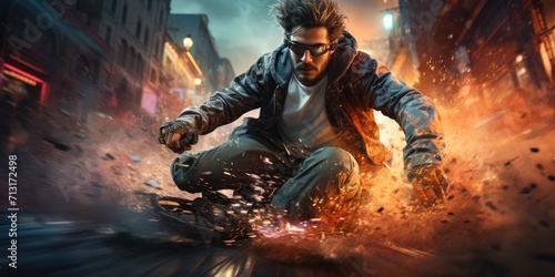 Amidst the chaos of sparks and adrenaline, a determined man fights for survival in this electrifying action-adventure game, captured in stunning digital compositing and showcasing his rugged clothing photo