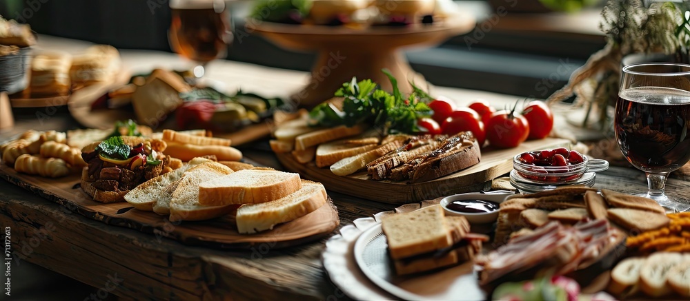 Beautifully decorated catering banquet table on event with different food snacks and appetizers setting with bagel and sandwiches triange baguette club submarine sandwich on wooden plate