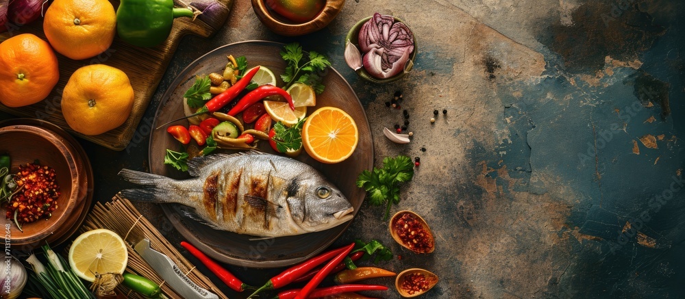 Peruvian ceviche is prepared with fresh fish lemons onions hot peppers sweet potato and fresh coriander. Copy space image. Place for adding text Peruvian ceviche is prepared with fresh fish lemons onions hot peppers sweet potato and fresh coriander. Copy space image. Place for adding text