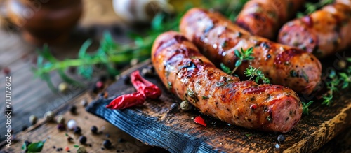 Kabanosy polish sausages made of pork on a board with addition of fresh herbs and spices on a wooden board close up. Copy space image. Place for adding text photo