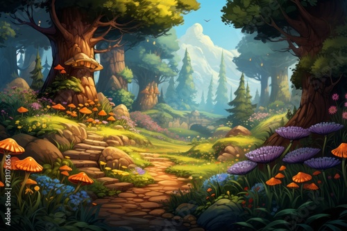 Dive into the charm of nature with a cartoon forest background, showcasing tall cartoonish trees, adorable wildlife, and lush, Generative AI