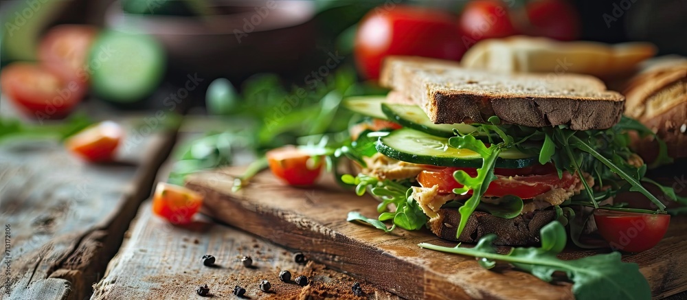 Showcase with one vegetable vegan sandwich in a cafe Bread for take away with cheese tomatoes cucumbers and green leaf and salad. Copy space image. Place for adding text - obrazy, fototapety, plakaty 