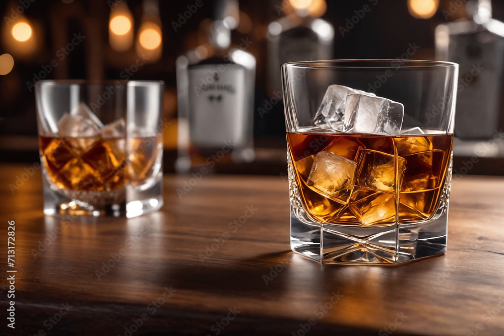a glass of whiskey on the bar in front of the bar. Generative Ai a glass of whiskey on the bar in front of the bar. Generative Ai