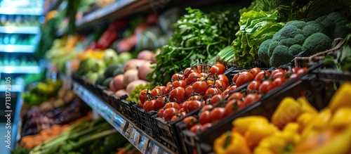 Still life shot of the fruit and vegetable aisle in a local grocery store Assortment of fresh organic produce in a supermarket. Copy space image. Place for adding text photo
