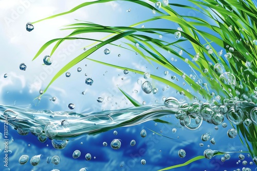 close-up view of water with numerous small bubbles and green grass-like plants