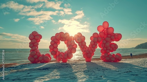 pink LOVE air balloons on blue sky background with sunlight  photo