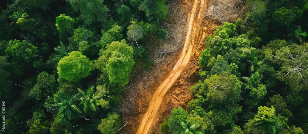 Aerial drone view of deforestation of a tropical rain forest to make way for palm oil and construction. Copy space image. Place for adding text - obrazy, fototapety, plakaty 