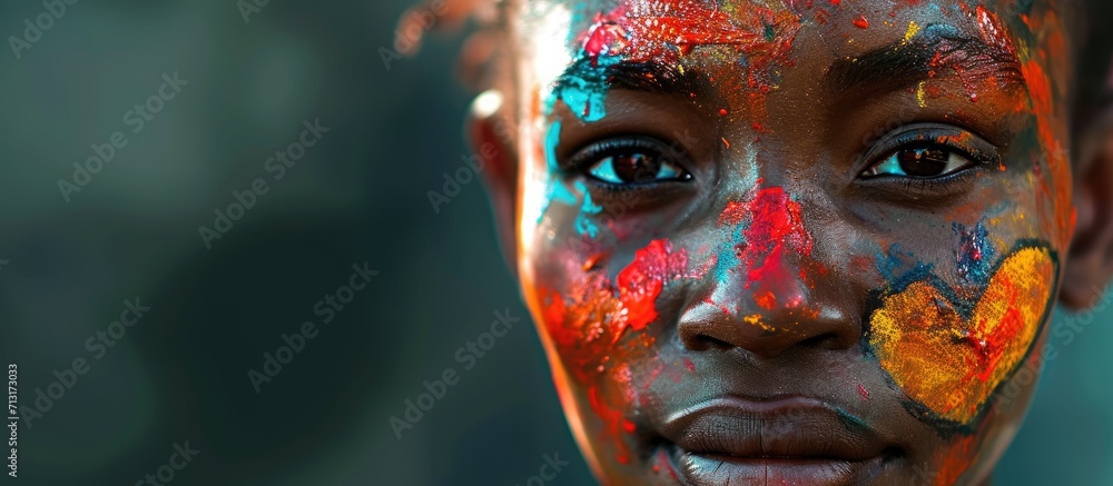 African American sports fan painting heart shape in team s colors on her face while getting ready for the match during soccer world cup. Copy space image. Place for adding text