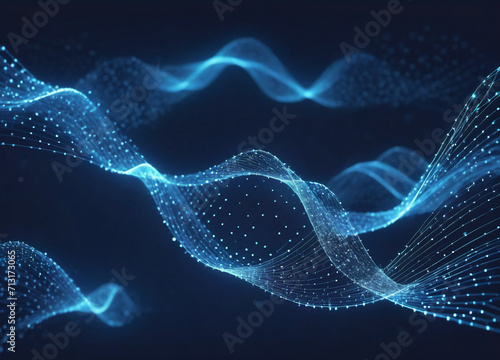 Wave of dots and weave lines. Abstract blue background for design on the topic of cyberspace, big data, metaverse, network security, data transfer on dark blue abstract cyberspace background