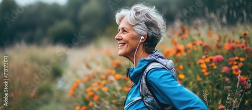Fitness exercise and senior woman listening to music in nature with earphones for running thinking and wellness Face of an elderly female outdoor to run for a healthy lifestyle body and energy #713173071