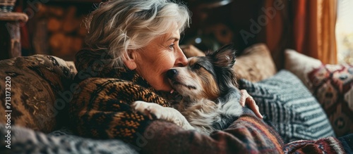 Middle aged woman enjoys spending time at home with her pets Dog licks owner s cheek with his tongue cat sitting on couch. Copy space image. Place for adding text photo
