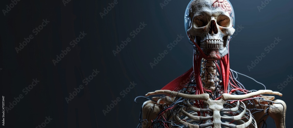 Anatomy shows skeleton in detail head and chest in medicine. Copy space image. Place for adding text - obrazy, fototapety, plakaty 