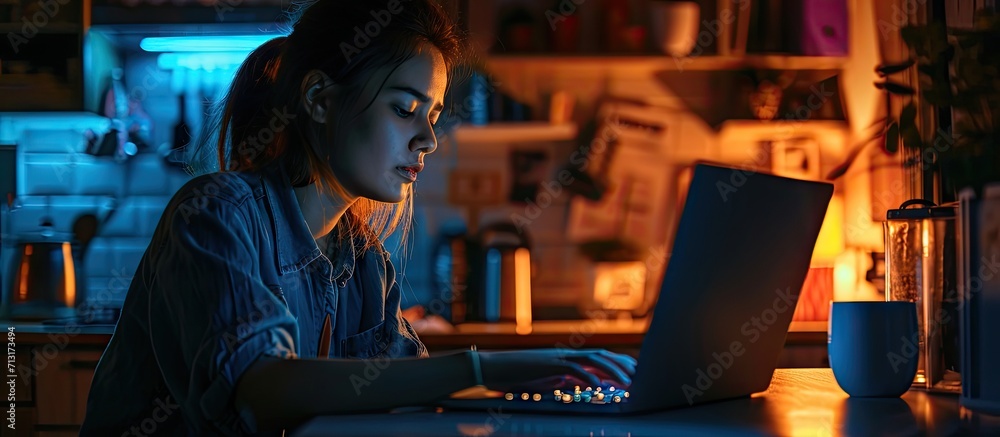 Excited woman checking laptop news at home in the night. Copy space image. Place for adding text