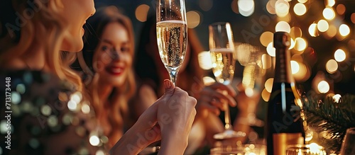 Happy dinner party and woman with glass of champagne for special celebration event friendship reunion or New Year Fine dining restaurant friends and elegant girl with alcohol drink to celebrate photo