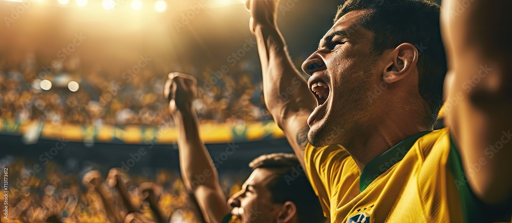 Brazilian young football fans celebrating their team s victory at stadium. Copy space image. Place for adding text - obrazy, fototapety, plakaty 