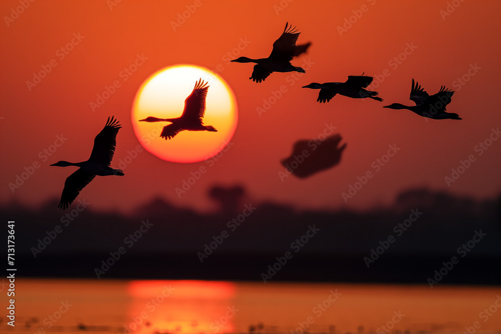 Migratory Birds Flying at Sunset